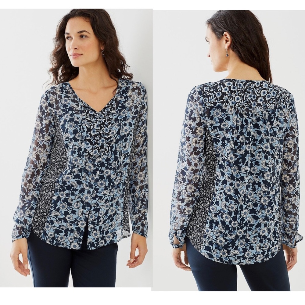 J. Jill Very Pretty Mixed Daisy Tie-Front Top Blouse Long Sleeves Size XL.